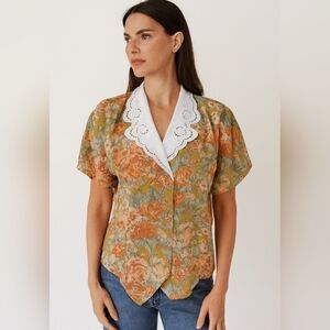 Vintage 80's Multi-color Floral Handkerchief Collar Short Sleeve‎ Blouse